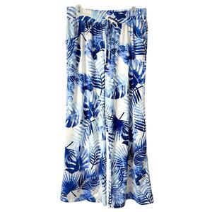 Beach Break Wide Leg Palazzo Pants Tropical Leaf Print Women’s XL Blue & White